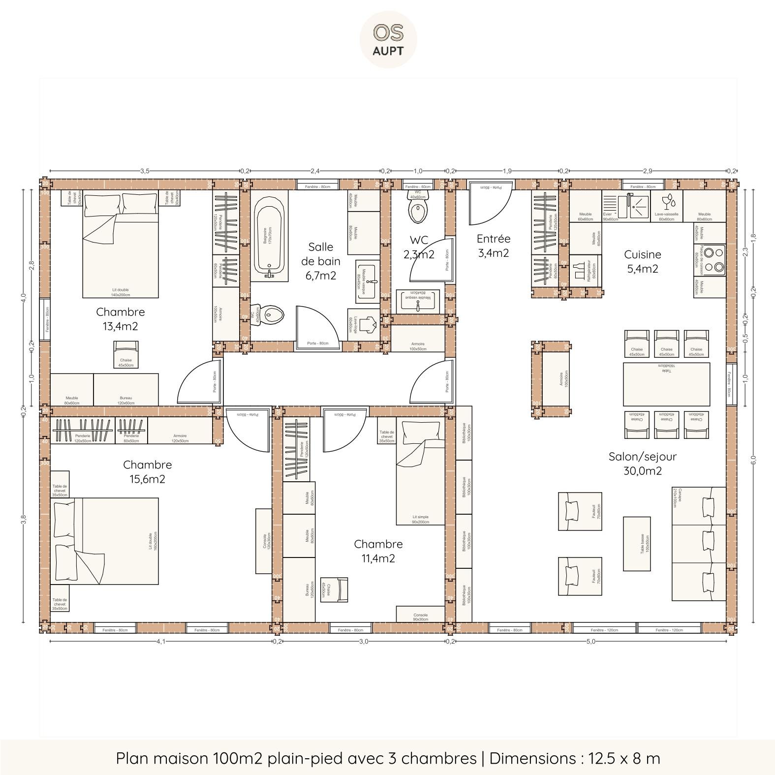 Plan maison 100m2 plain-pied avec 3 chambres - Dimensions 12.5 x 8 m