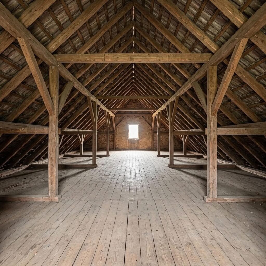 Combles avant amenagement observer la charpente le plancher et les pentes