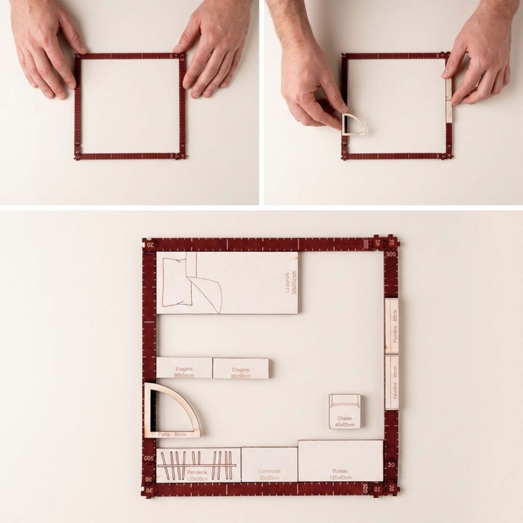 Accueil 10 Image en trois parties montrant l'utilisation du kit Yoja pour créer un plan d'aménagement intérieur : - étape 1 : placement des murs en carton pour délimiter les espaces - étape 2 : ajout des portes et fenêtres - étape 3 : visuel du plan complet avec les éléments de mobilier (canapé, table, lit). Vue de dessus d'un plan 2D en carton de 12x20 cm sur fond beige clair.
