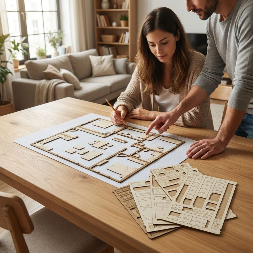 accueil 4 couple utilisant le kit yoja pour créer un plan d’aménagement intérieur à l’échelle 1:25 sur table.