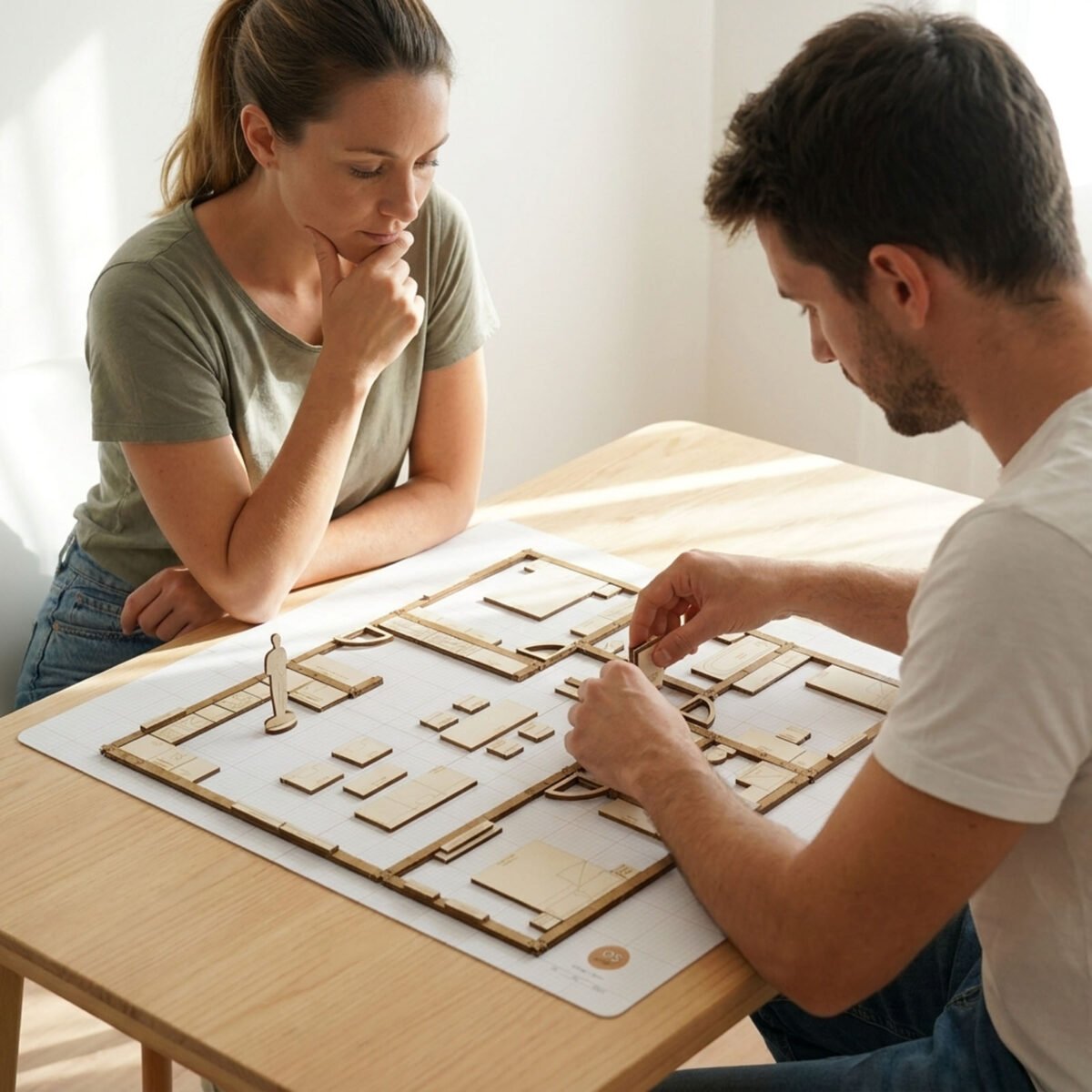 couple utilisant le kit yoja pour créer un plan d’aménagement intérieur à l’échelle 1:25 sur table.