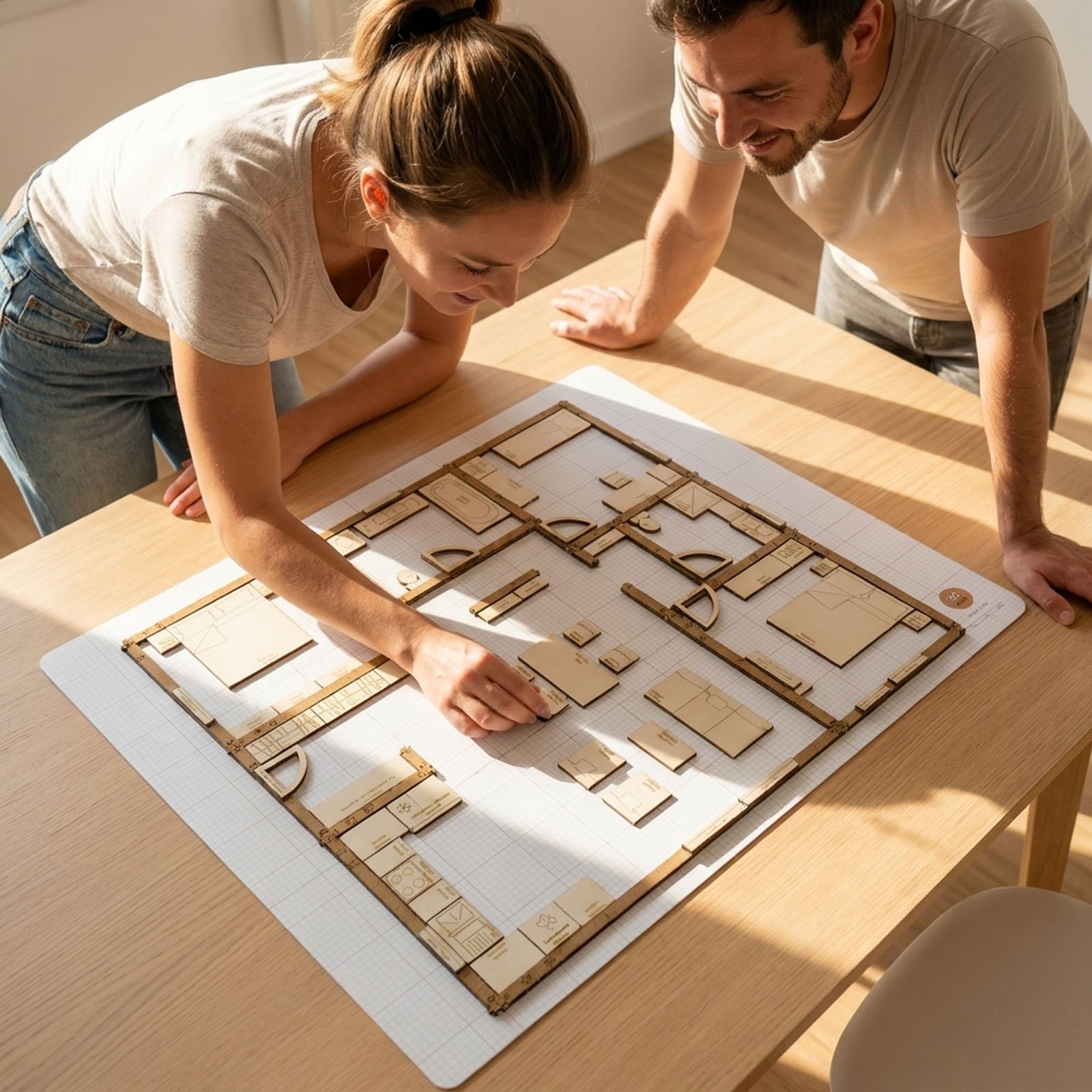 Kit d'aménagement intérieur Yoja, de la marque Osaupt, utilisé par un couple qui réalise un plan à l'échelle.
