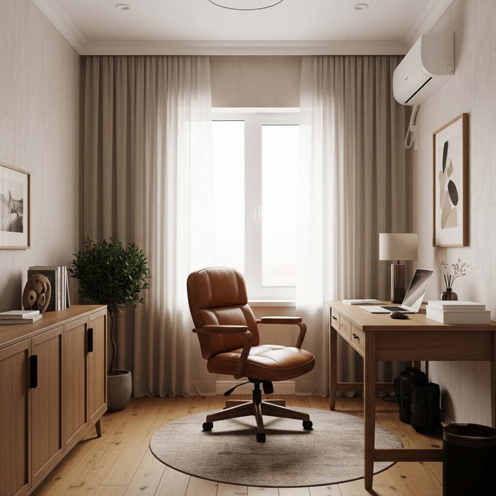 bureau cosy avec fauteuil en cuir.