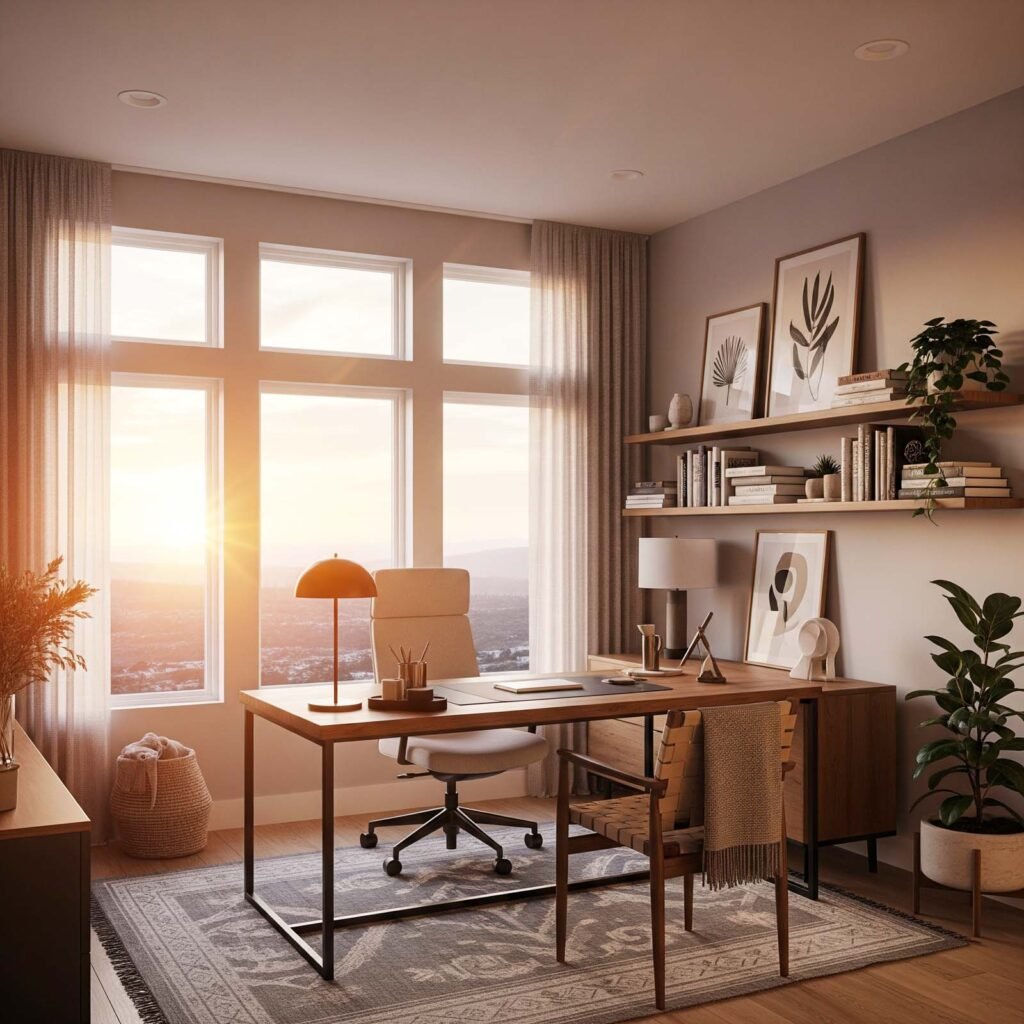 bureau élégant avec étagères et plantes.
