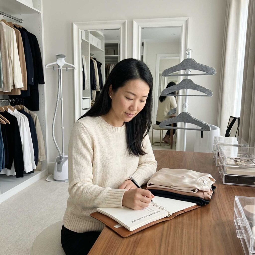 aménager un dressing : hauteurs de tringles, espaces et dimensions 9 femme écrivant dans un carnet, dressing.