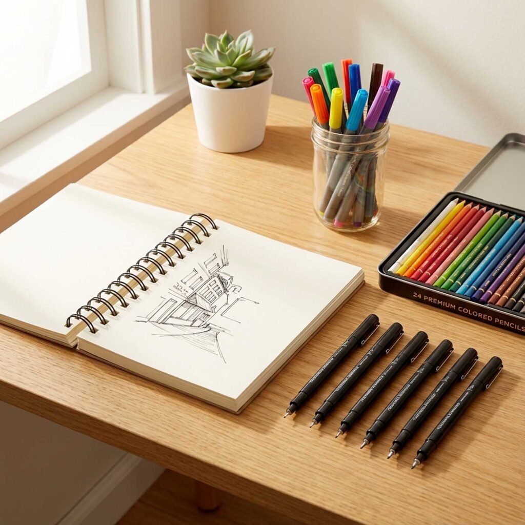 carnet de croquis avec stylos colorés.