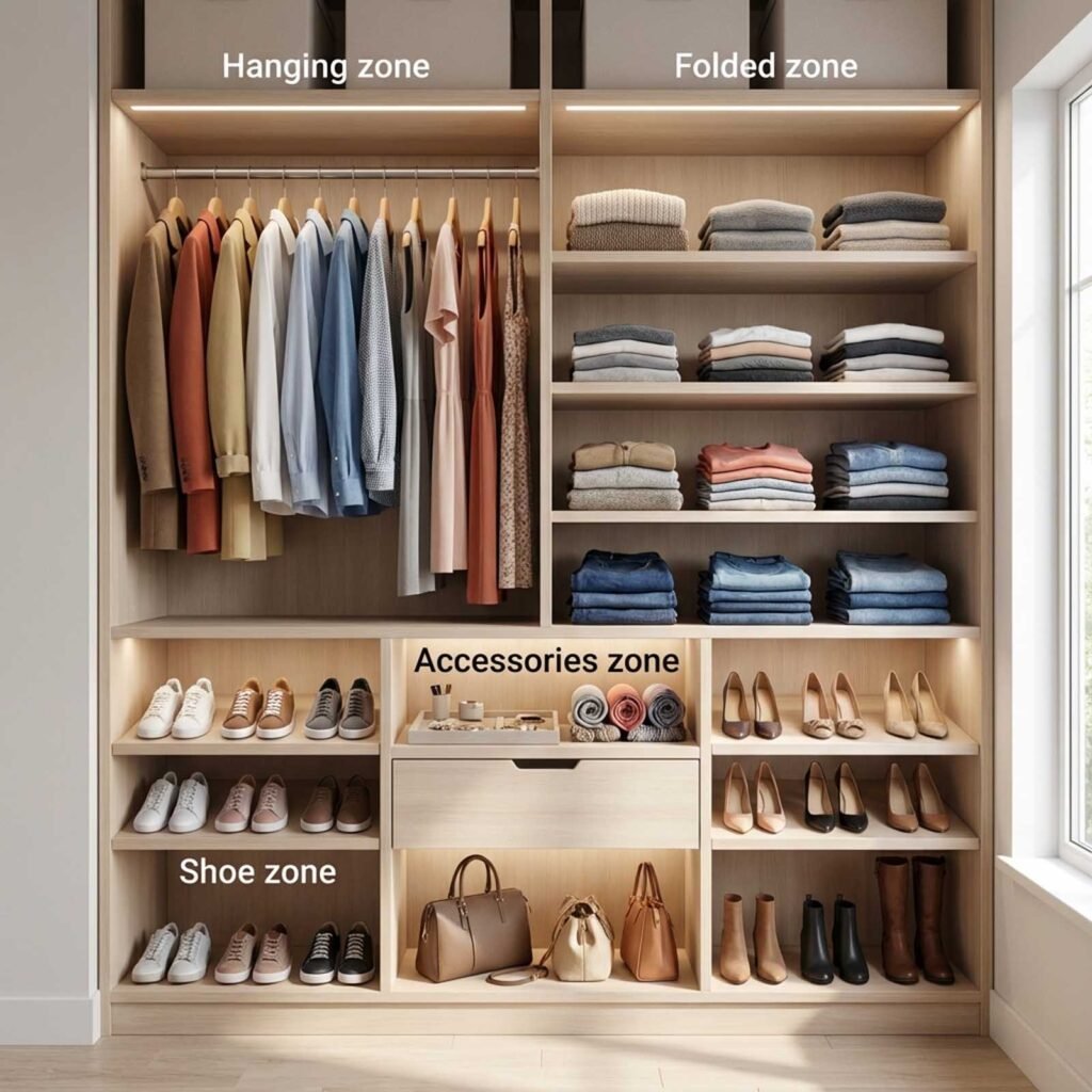 aménager un dressing : hauteurs de tringles, espaces et dimensions 5 dressing divisé en zones pour rangement.