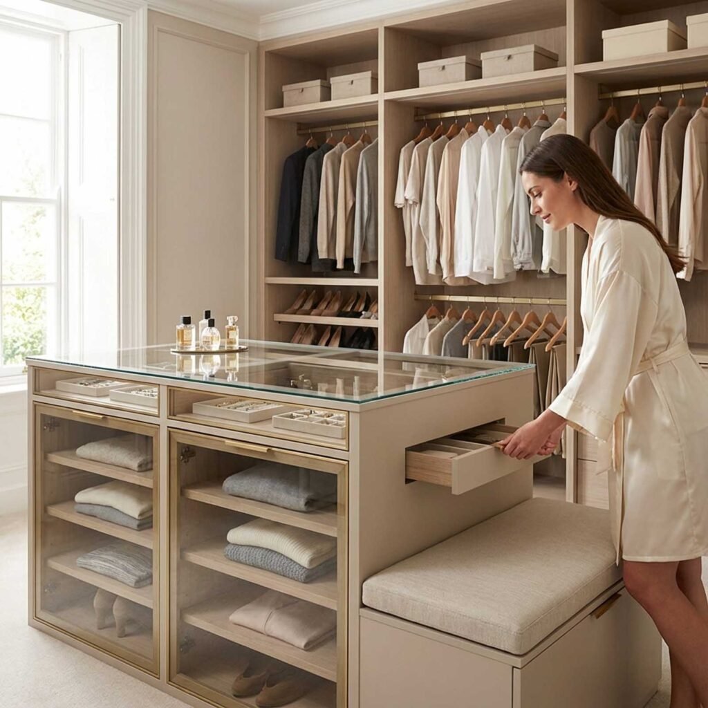 aménager un dressing : hauteurs de tringles, espaces et dimensions 6 femme utilisant un meuble de rangement élégant.