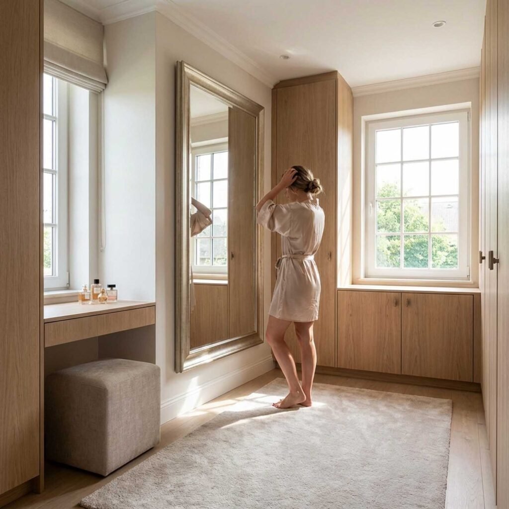 aménager un dressing : hauteurs de tringles, espaces et dimensions 7 femme devant un miroir dans un dressing.