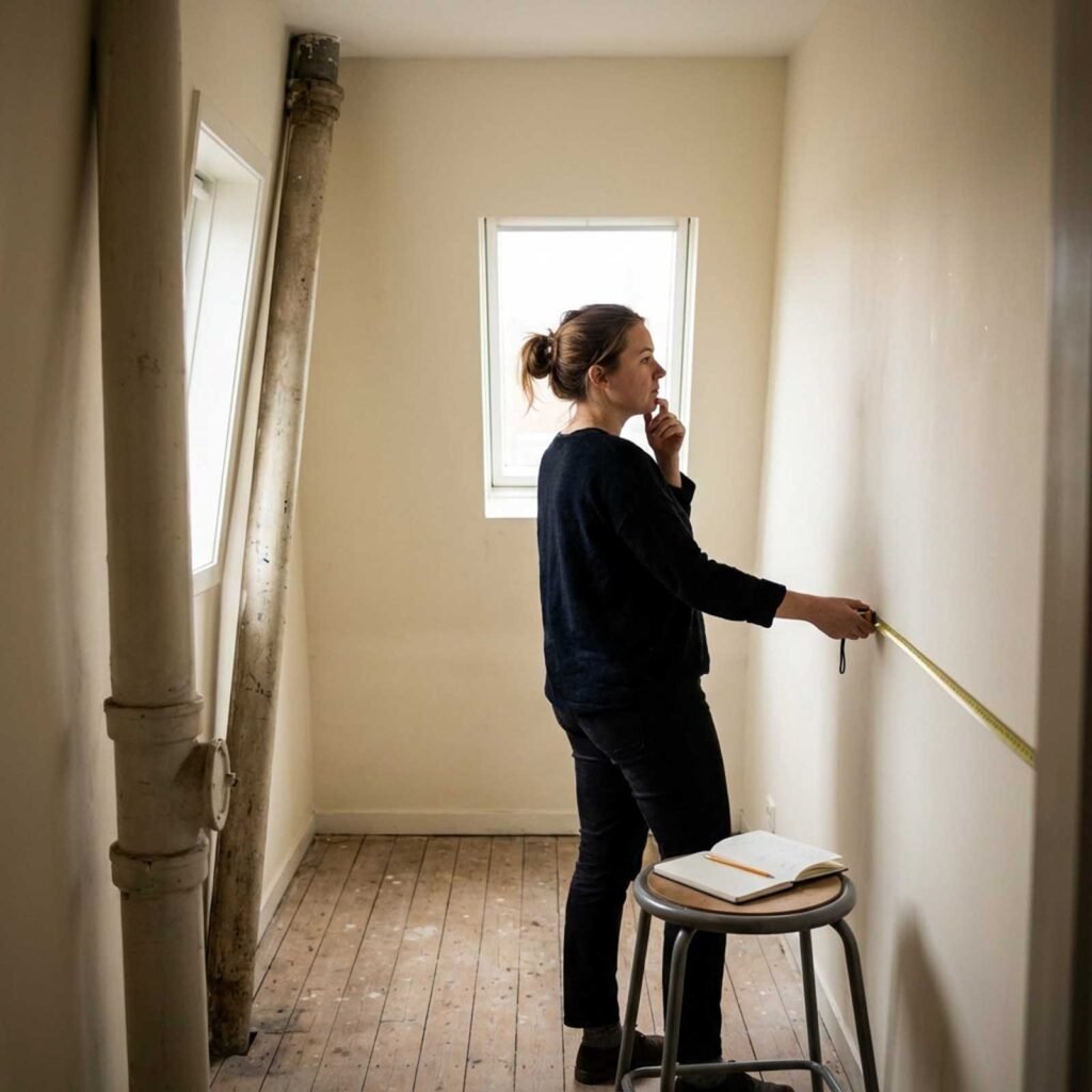 aménager un dressing : hauteurs de tringles, espaces et dimensions 2 femme prenant des mesures dans une pièce.