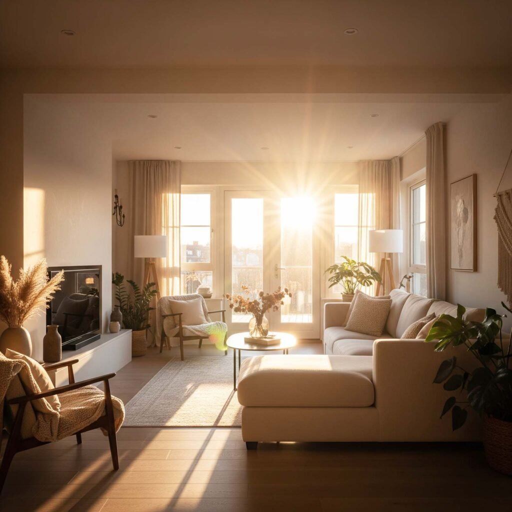 salon moderne avec lumière dorée.