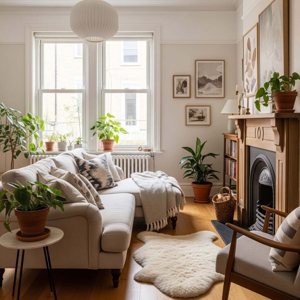 espace cosy avec cheminée et décor.