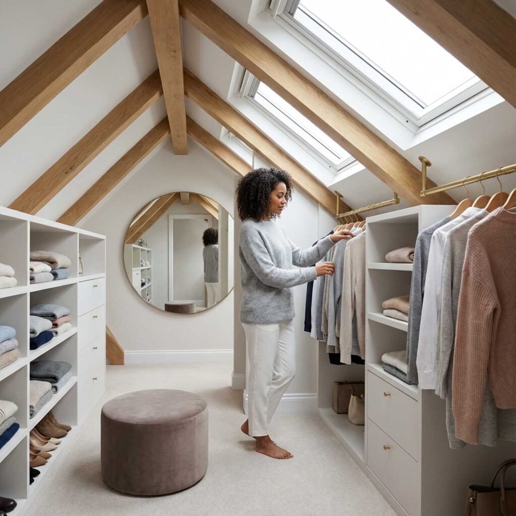 aménager un dressing : hauteurs de tringles, espaces et dimensions 4 femme organisant des vêtements dans un dressing.