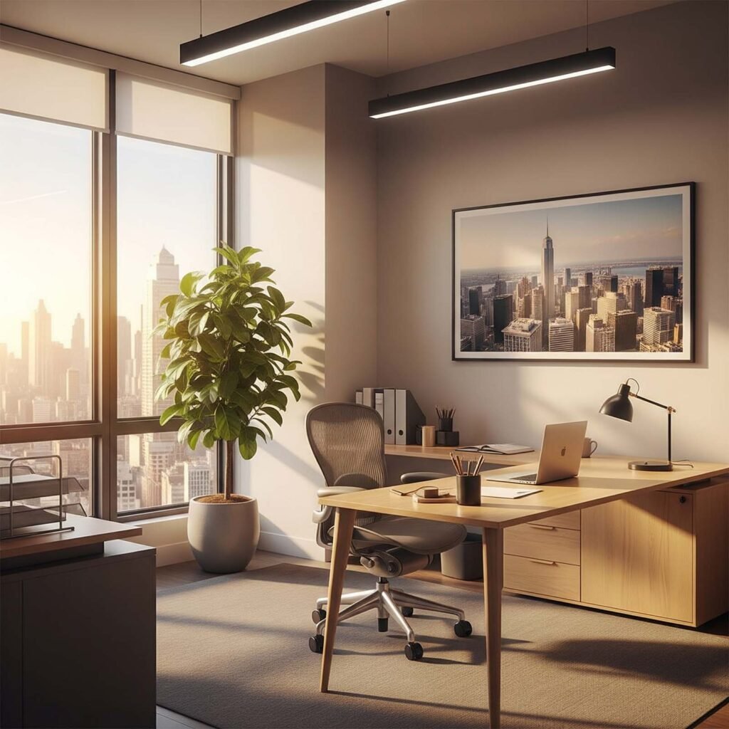 bureau moderne avec vue sur la ville.