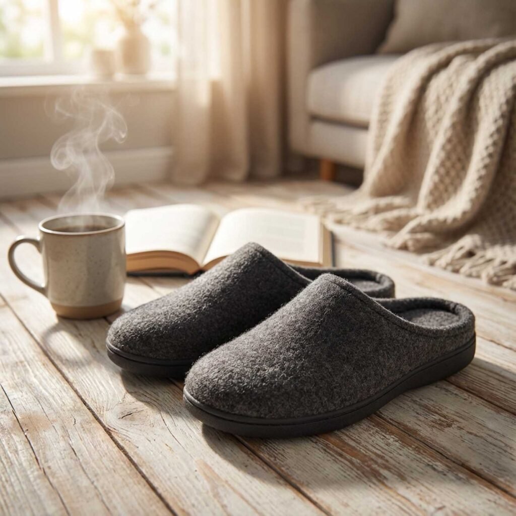 chaussons confortables près d'une tasse.