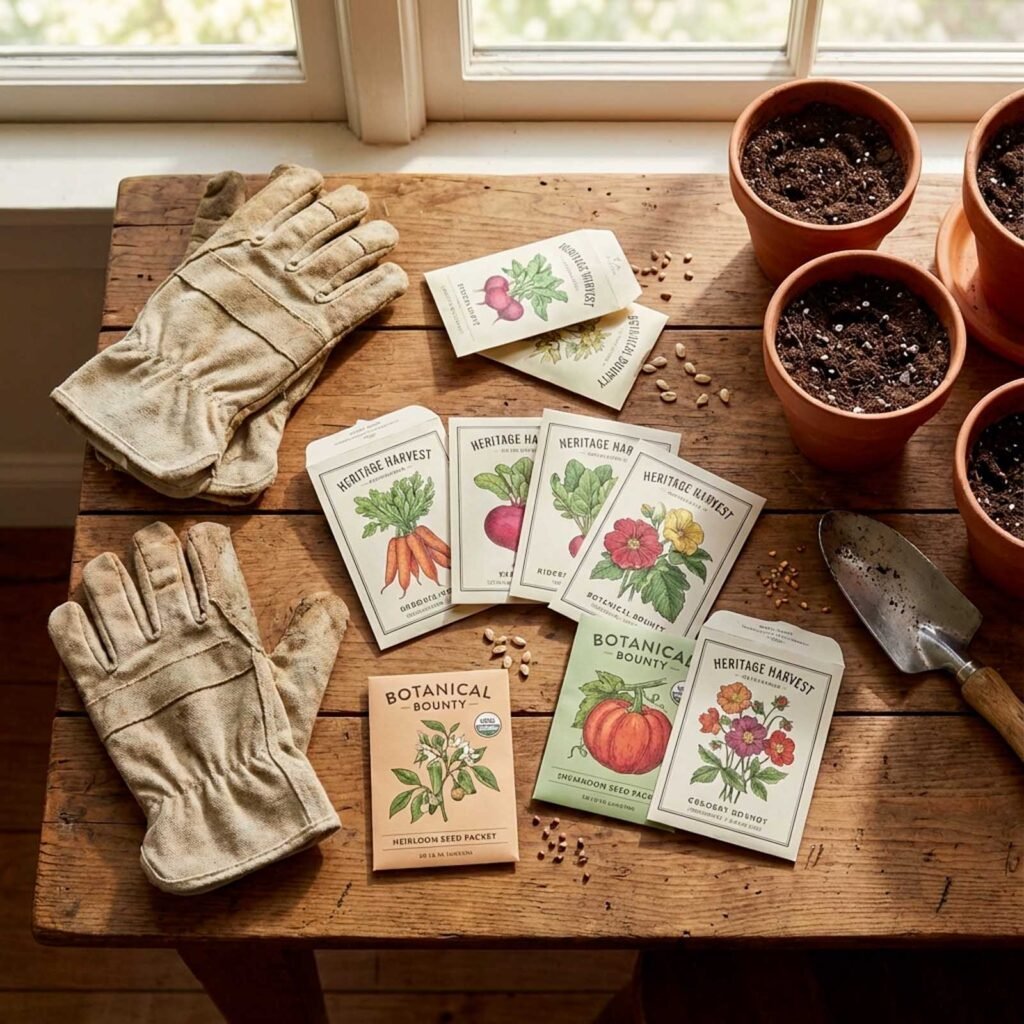 paquets de graines et gants de jardinage.
