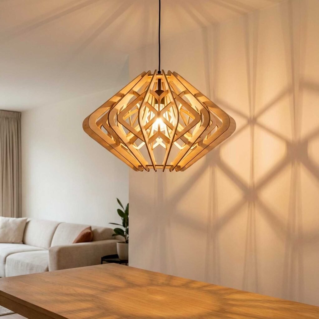 suspension en bois avec lumière chaleureuse.