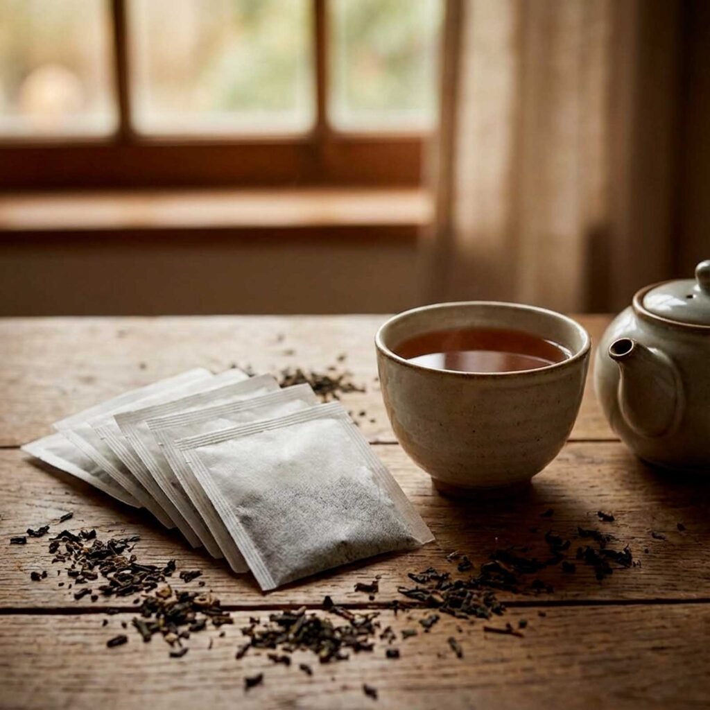tasse de thé avec sachets à côté.