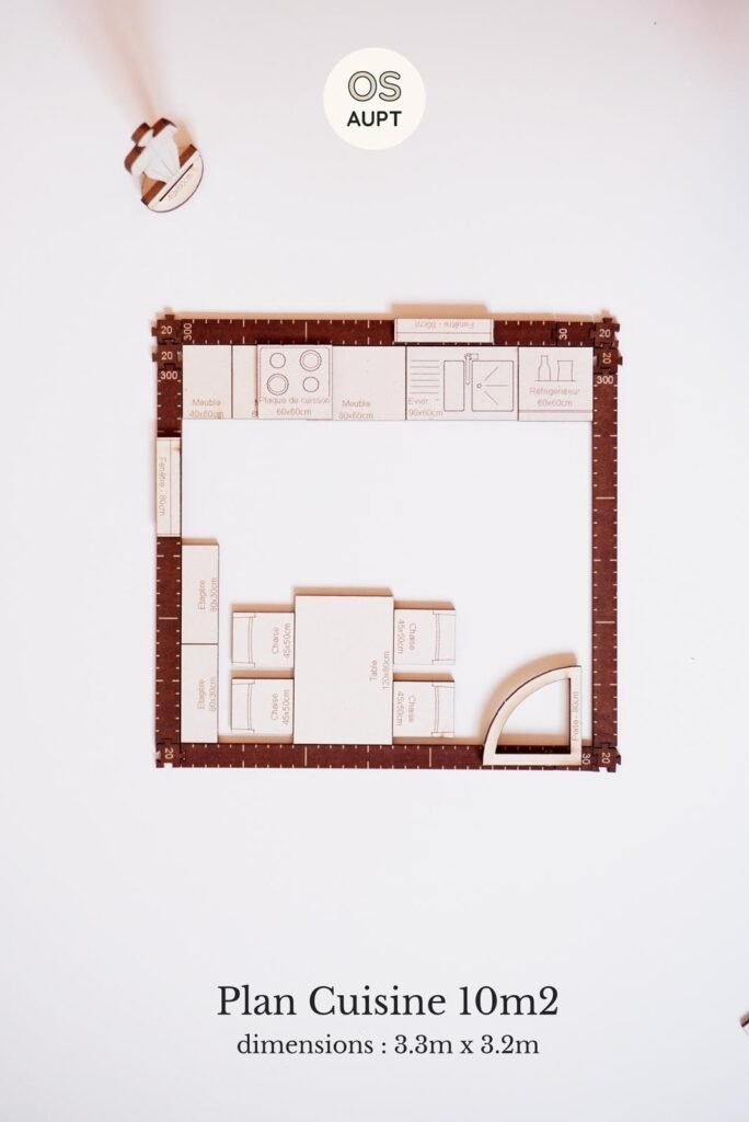 cuisine en i avec table rectangulaire.