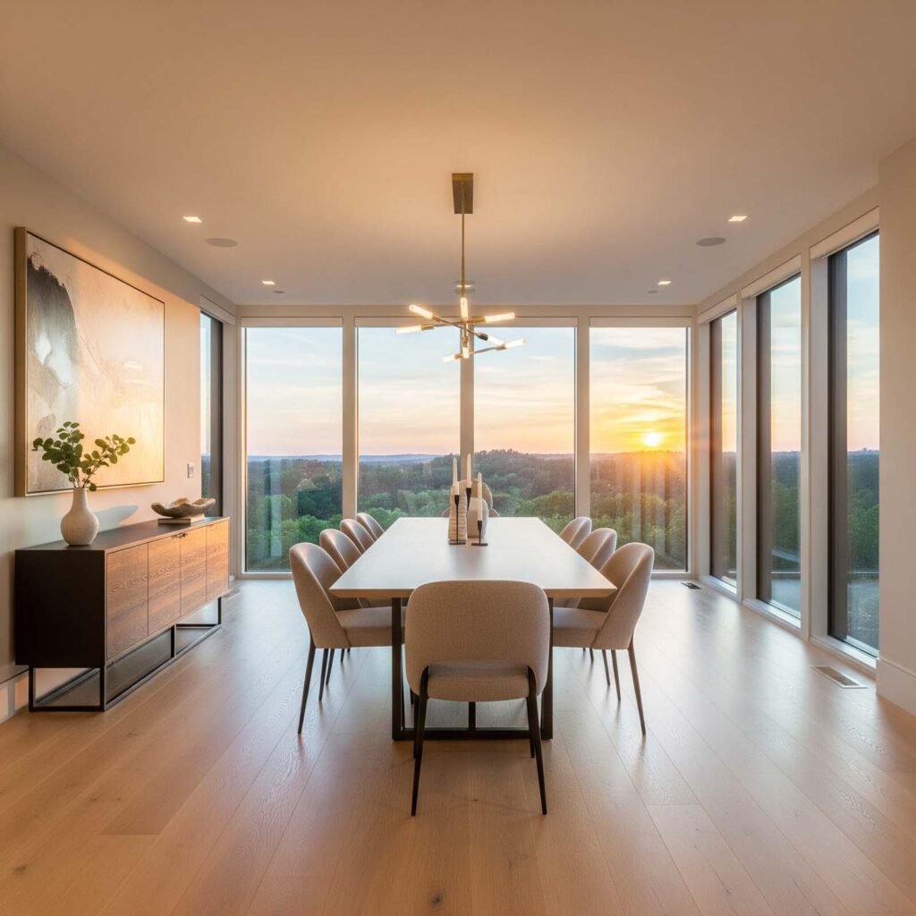 salle à manger avec vue sur coucher.