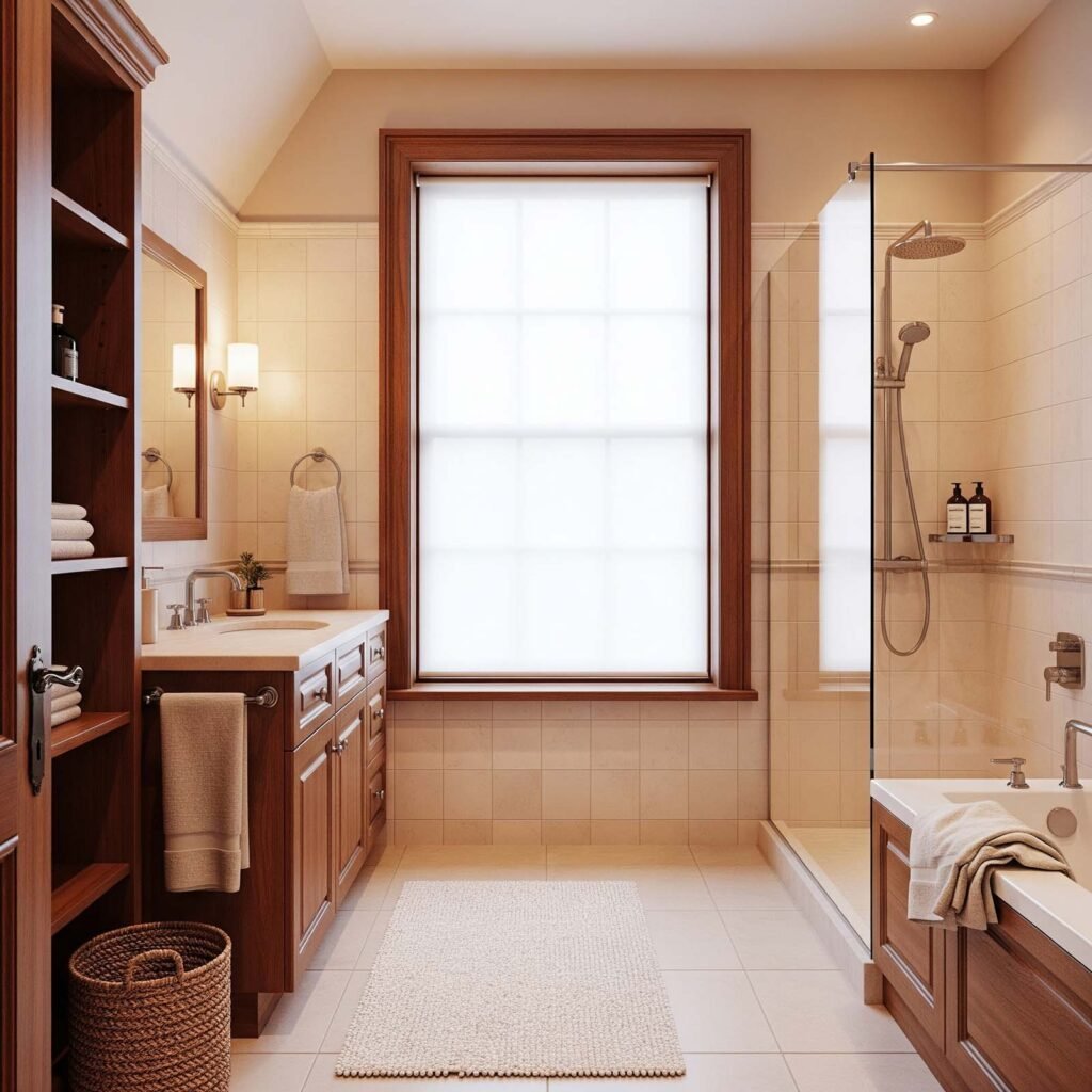 salle de bain en bois chaleureux.