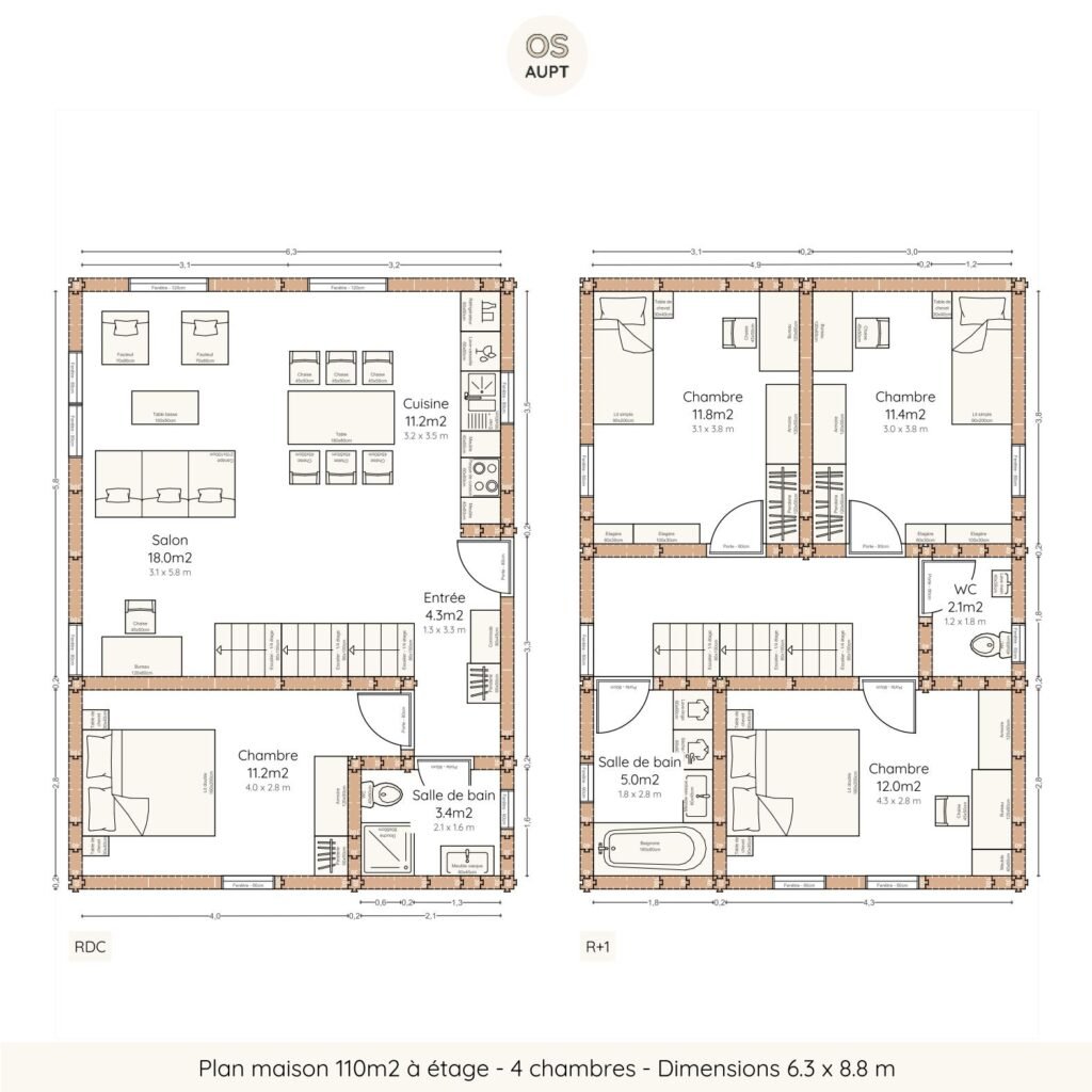 Plan maison 110m2 à étage - 4 chambres - Dimensions 6.3 x 8.8 m