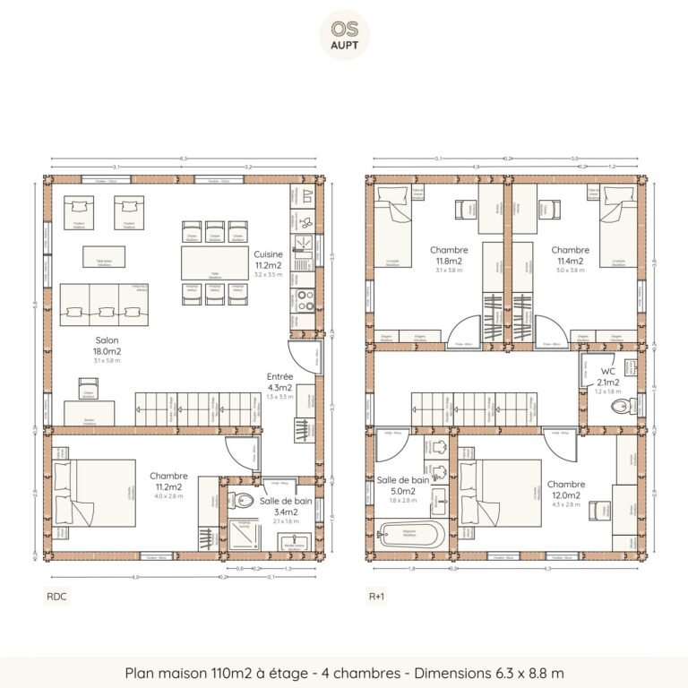 Plan maison 110m2 à étage - 4 chambres - Dimensions 6.3 x 8.8 m