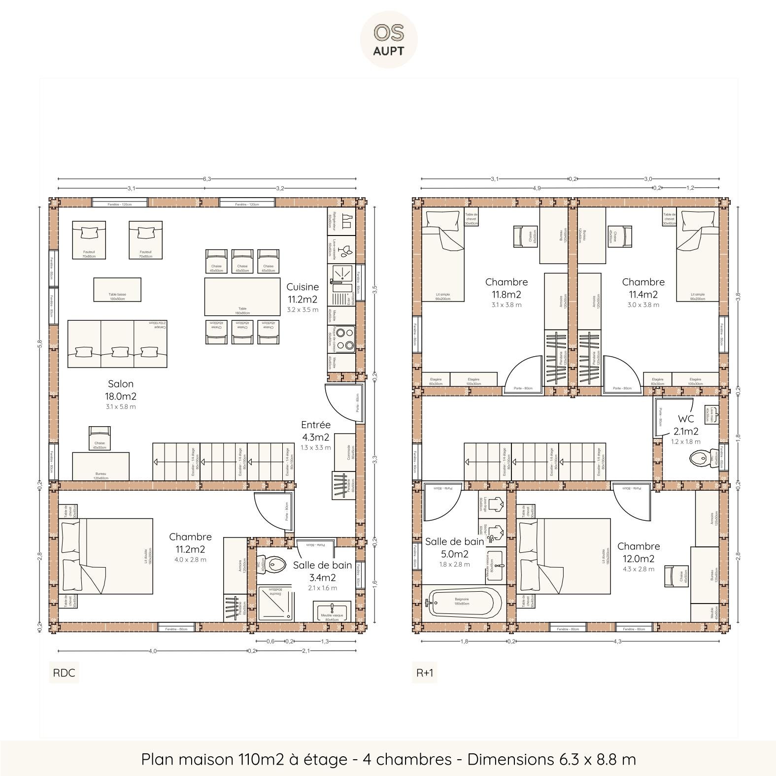 Plan maison 110m2 à étage - 4 chambres - Dimensions 6.3 x 8.8 m