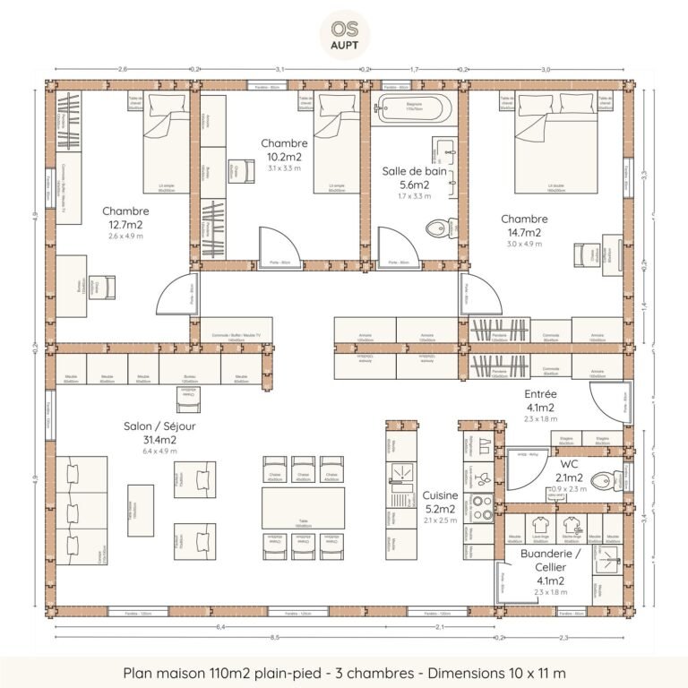 Plan maison 110m2 plain-pied - 3 chambres - Dimensions 10 x 11 m