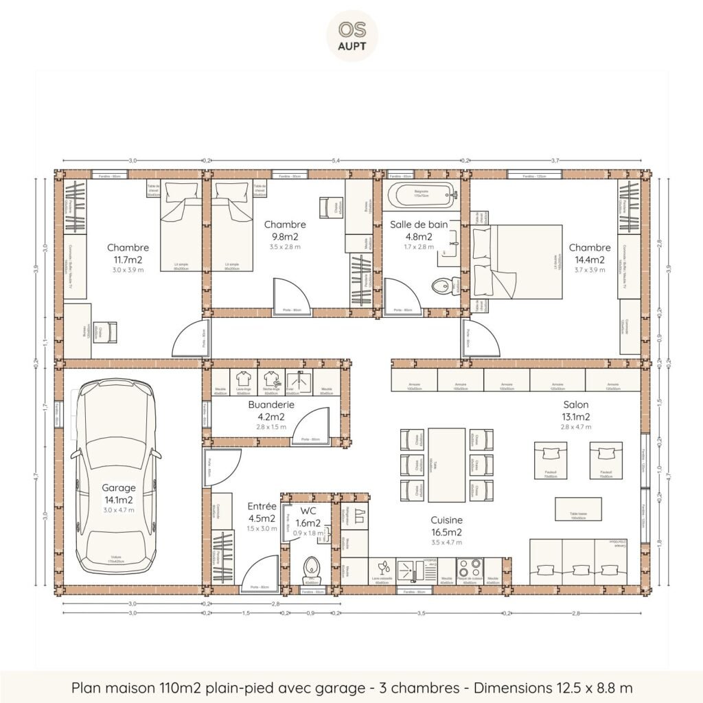 Plan maison 110m2 plain-pied avec garage - 3 chambres - Dimensions 12.5 x 8.8 m