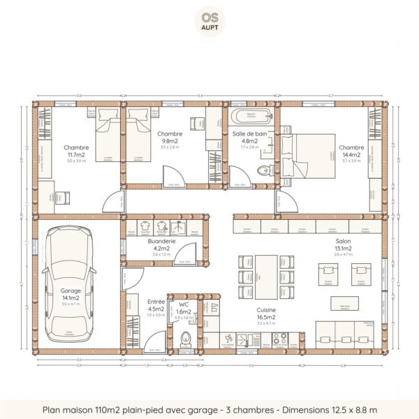Plan maison 110m2 plain-pied avec garage - 3 chambres - Dimensions 12.5 x 8.8 m
