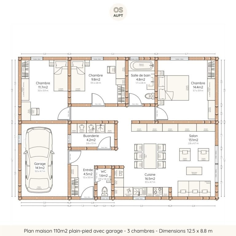 Plan maison 110m2 plain-pied avec garage - 3 chambres - Dimensions 12.5 x 8.8 m