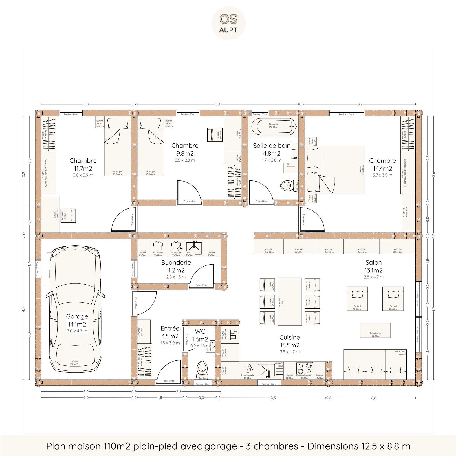 Plan maison 110m2 plain-pied avec garage - 3 chambres - Dimensions 12.5 x 8.8 m