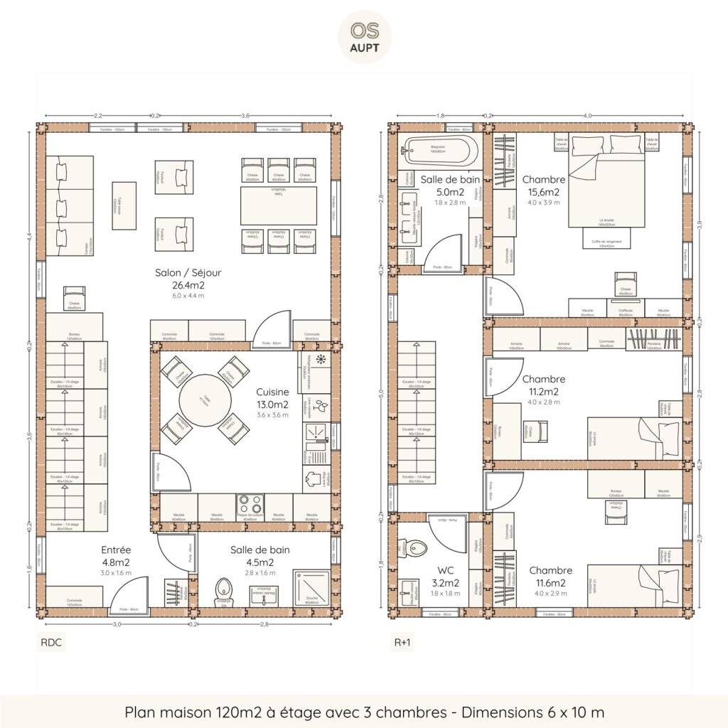 Plan maison 120m2 à étage avec 3 chambres - Dimensions 6 x 10 m