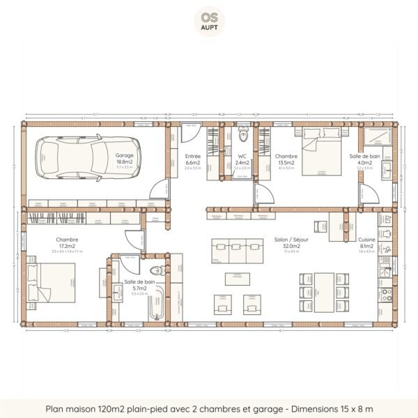 Plan maison 120m2 plain-pied avec 2 chambres et garage - Dimensions 15 x 8 m