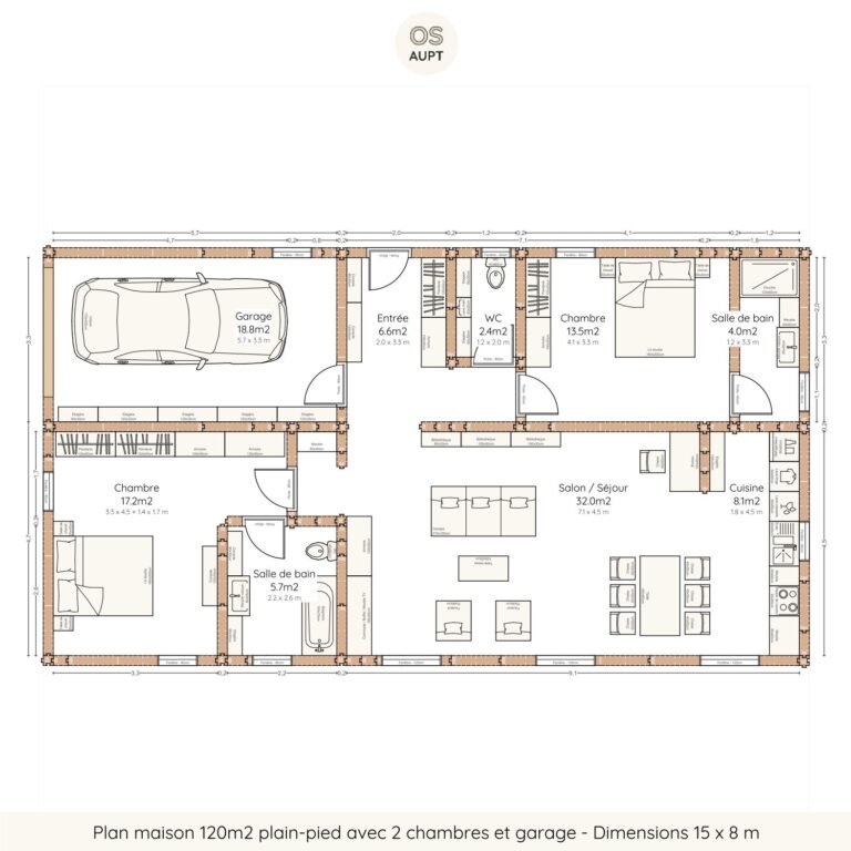 Plan maison 120m2 plain-pied avec 2 chambres et garage - Dimensions 15 x 8 m