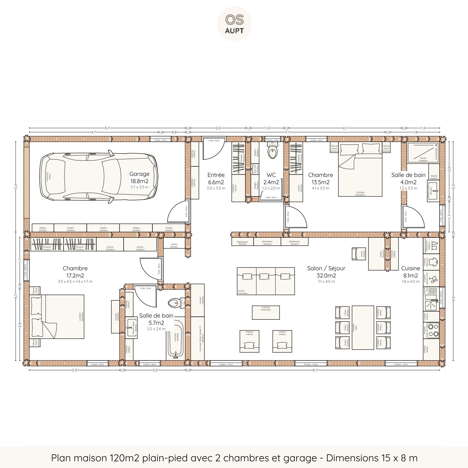 Plan maison 120m2 plain-pied avec 2 chambres et garage - Dimensions 15 x 8 m