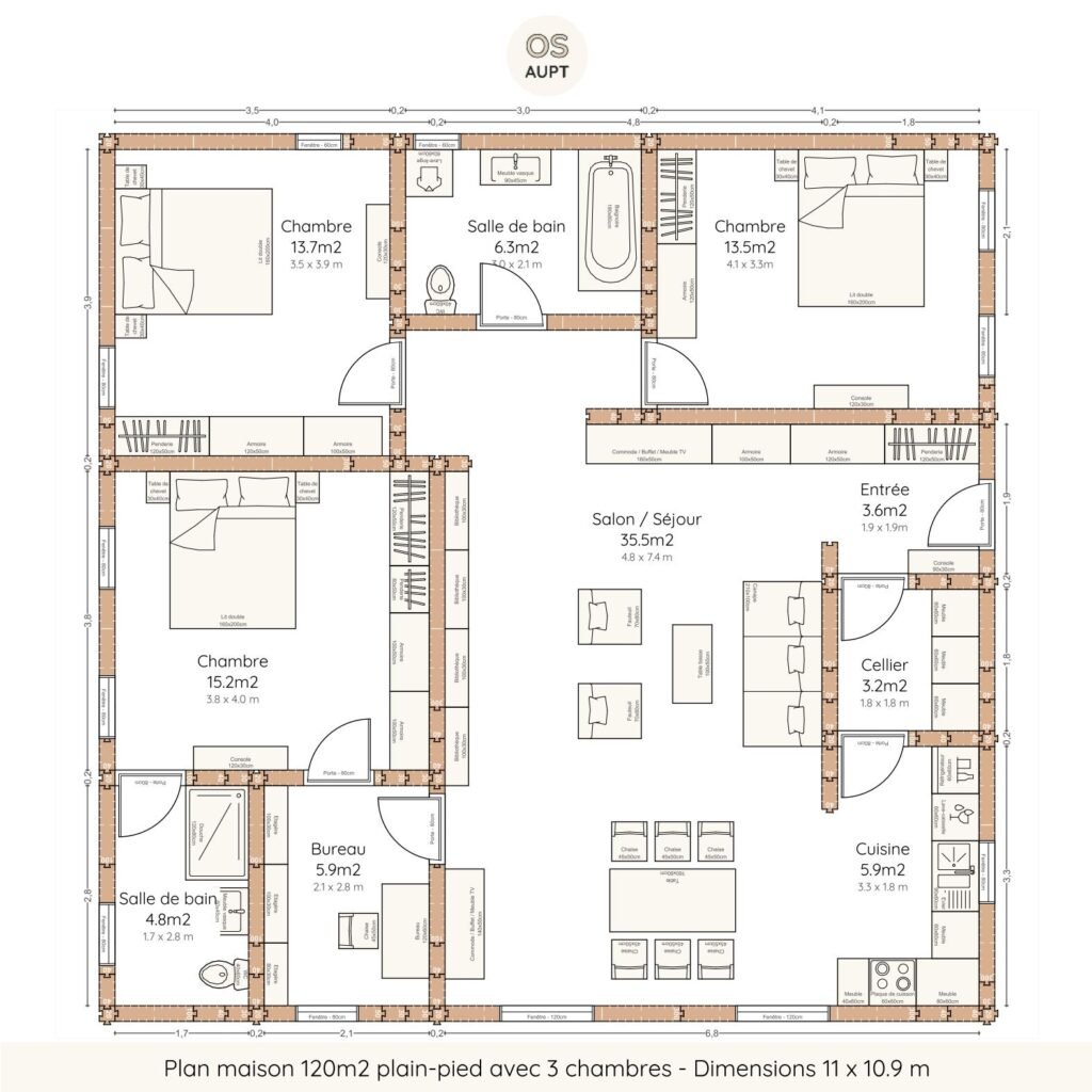 Plan maison 120m2 plain-pied avec 3 chambres - Dimensions 11 x 10.9 m
