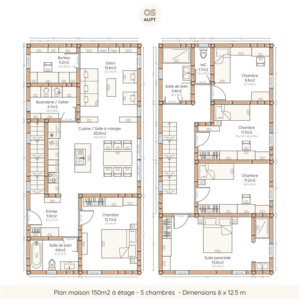 Plan maison 150m2 à étage - 5 chambres - Dimensions 6 x 12.5 m