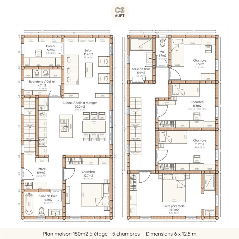 Plan maison 150m2 à étage - 5 chambres - Dimensions 6 x 12.5 m