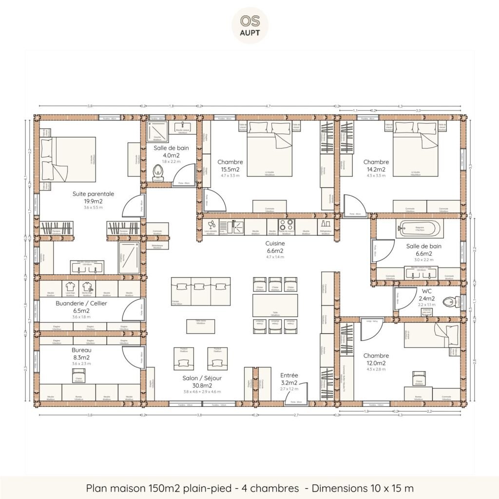 Plan maison 150m2 plain-pied - 4 chambres - Dimensions 10 x 15 m