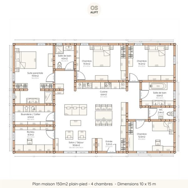 Plan maison 150m2 plain-pied - 4 chambres - Dimensions 10 x 15 m