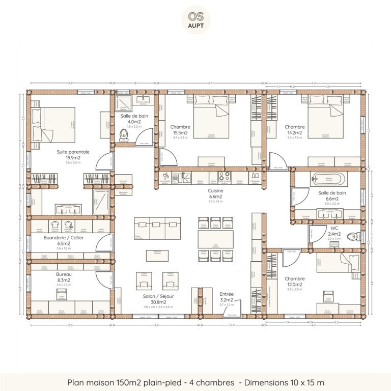 Plan maison 150m2 plain-pied - 4 chambres - Dimensions 10 x 15 m