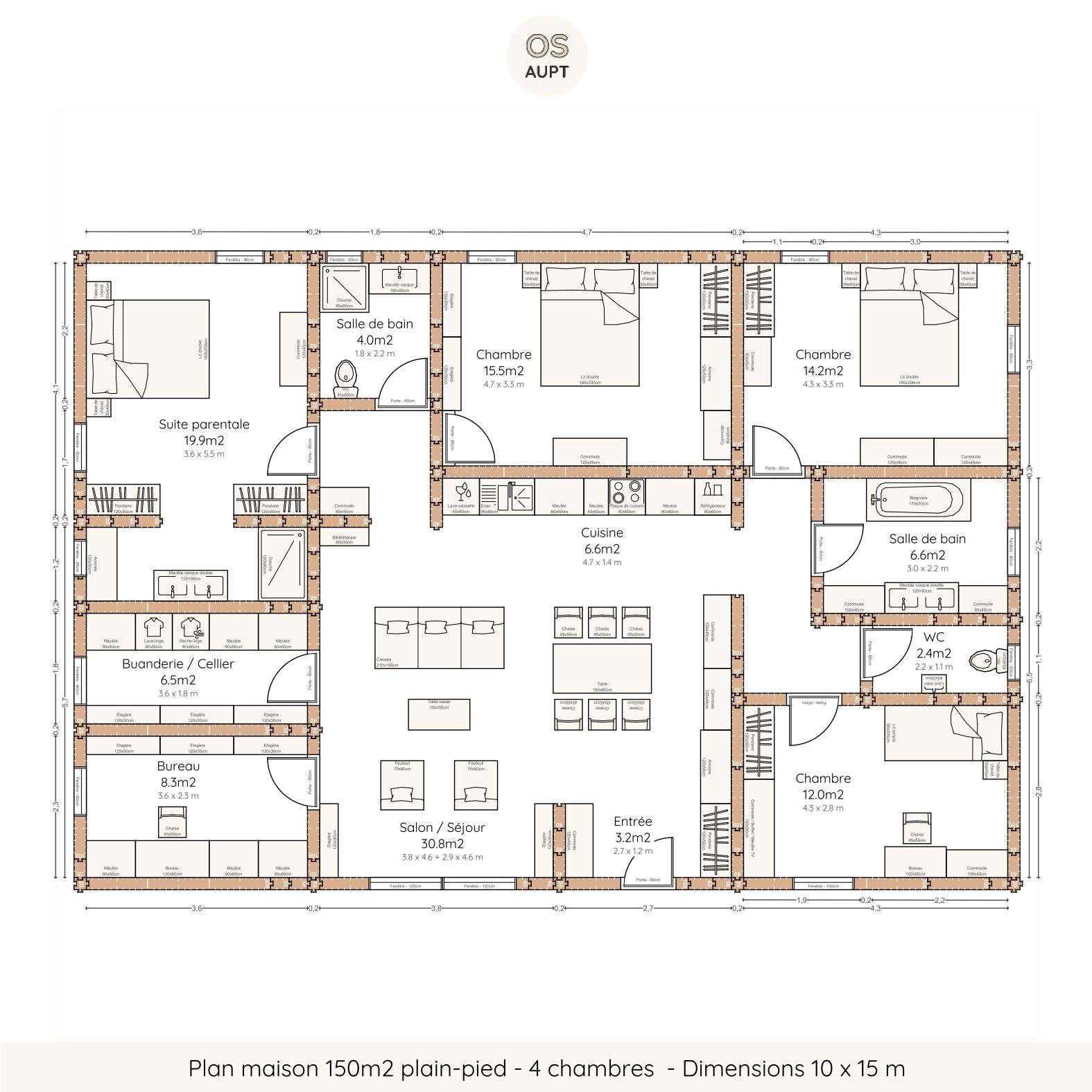 Plan maison 150m2 plain-pied - 4 chambres - Dimensions 10 x 15 m