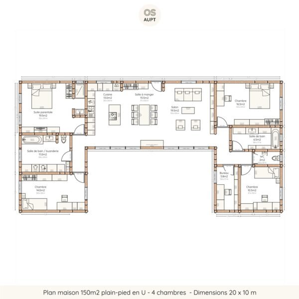 Plan maison en U : 2 exemples plain-pied