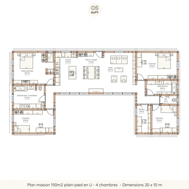 Plan maison 150m2 plain-pied en U - 4 chambres - Dimensions 20 x 10 m