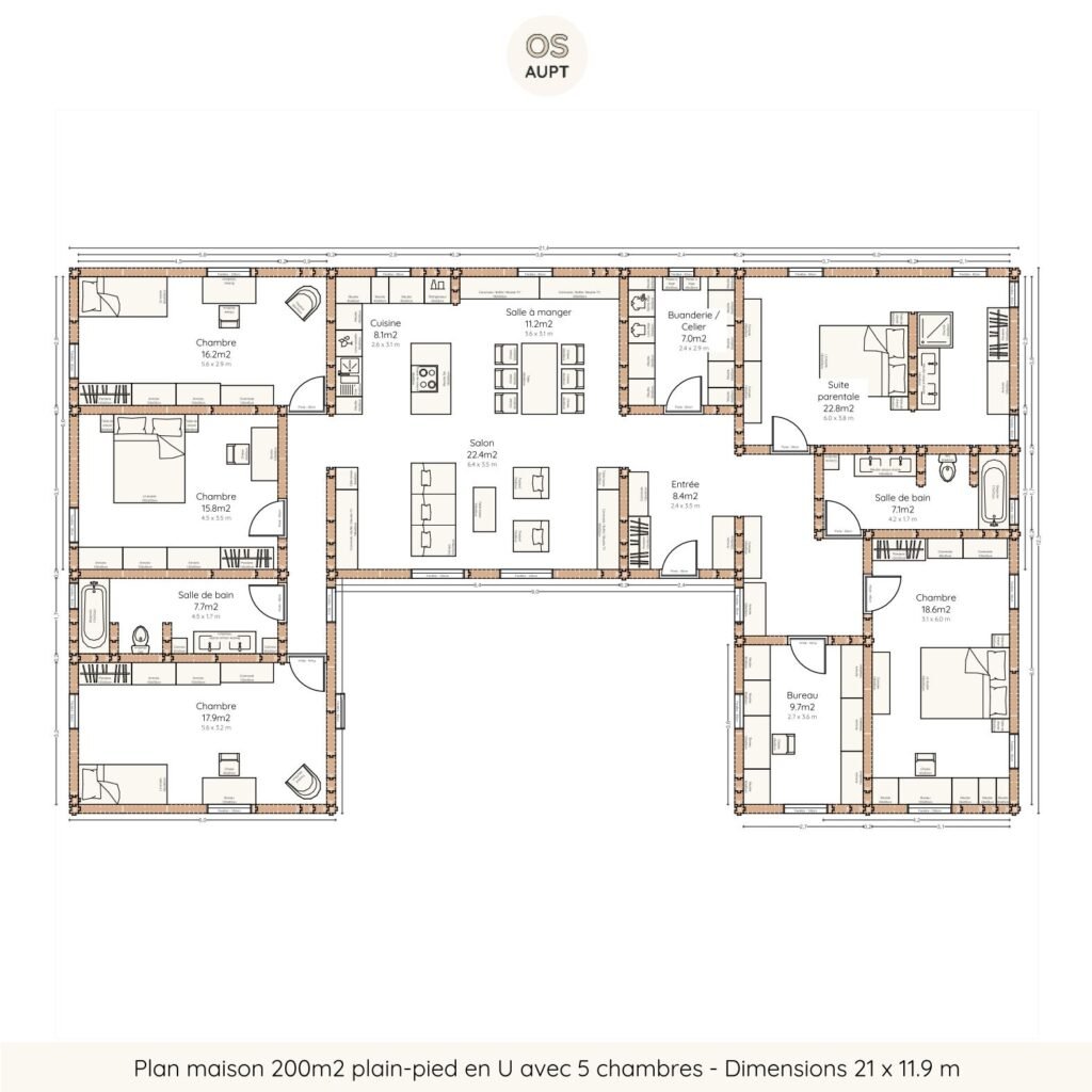 Plan maison 200m2 plain-pied en U avec 5 chambres - Dimensions 21 x 11.9 m