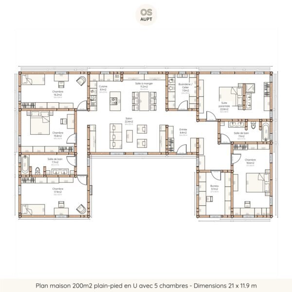 Plan maison 200m2 plain-pied en U avec 5 chambres - Dimensions 21 x 11.9 m