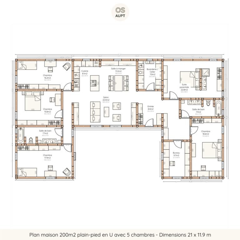 Plan maison 200m2 plain-pied en U avec 5 chambres - Dimensions 21 x 11.9 m