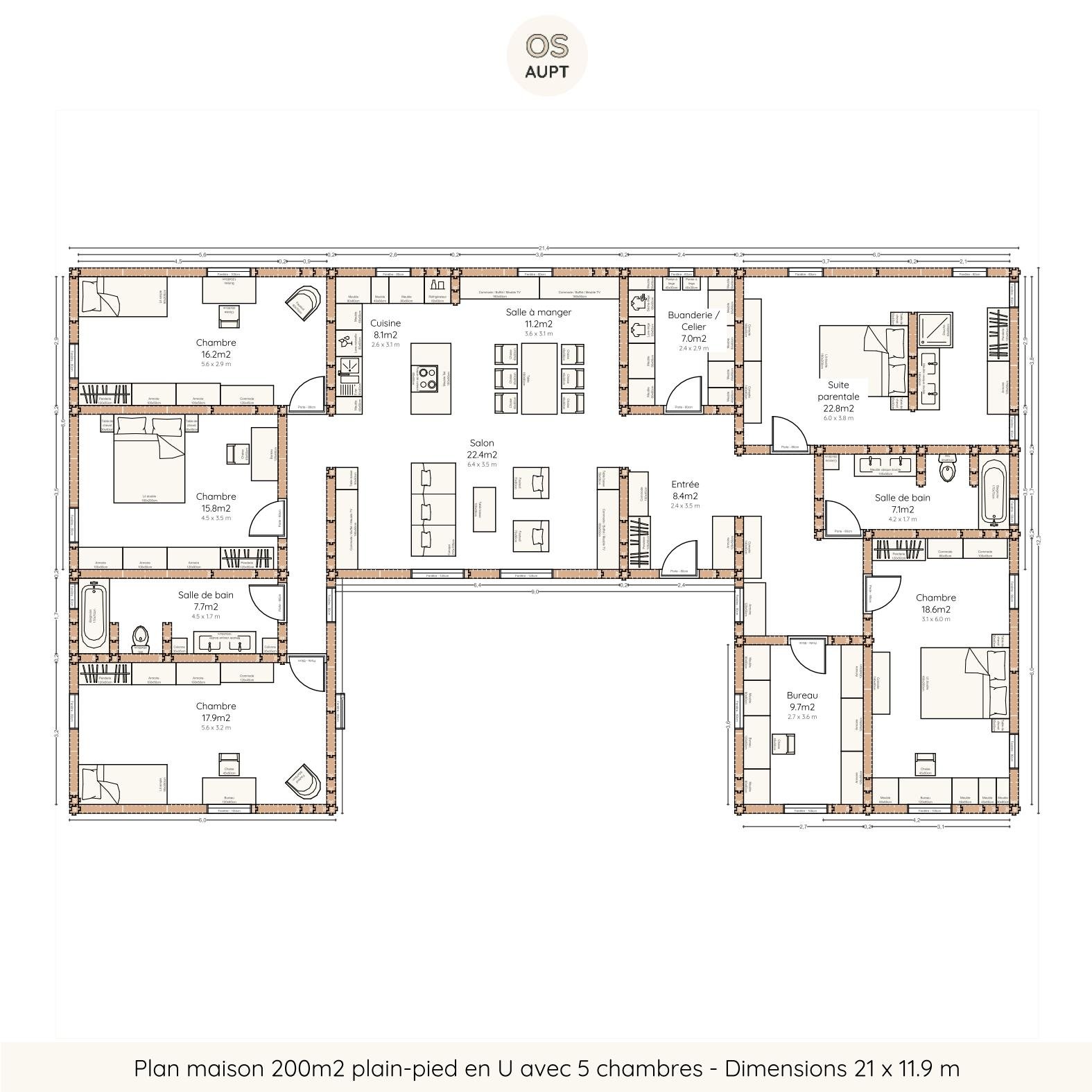 Plan maison 200m2 plain-pied en U avec 5 chambres - Dimensions 21 x 11.9 m